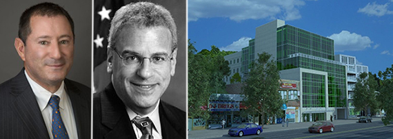 From left: Guy Leibler, Jeffrey Dinowitz and rendering of medical center in Riverdale (credit: Montefiore)