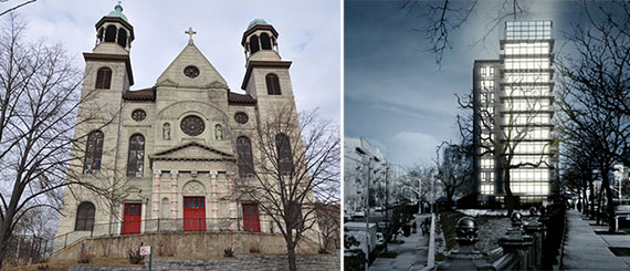 The former St. Augustine Church at 1180 Fulton Avenue in the Bronx and a rendering for the new apartments at the location