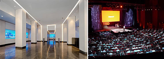 From left: the lobby at 330 Hudson Street and a TED talk