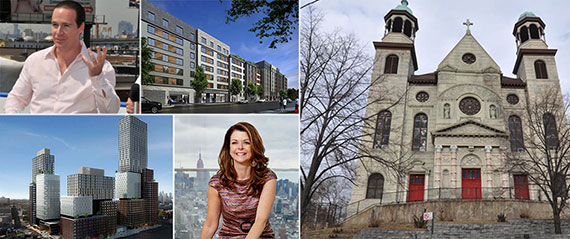 Clockwise from left: Erik Ekstein, rendering of 45-05 Rockaway Beach Boulevard, the former St. Augustine Catholic Church in the Bronx, Maryanne Gilmartin and a rendering of Greenland Forest City Partners' proposed rental towers in Brooklyn