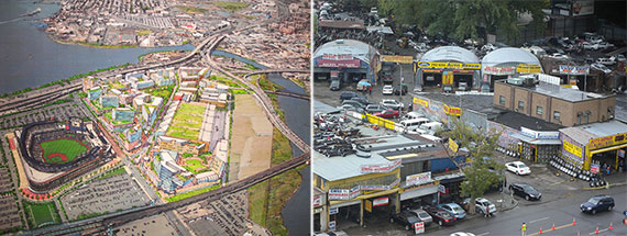 From left: Rendering of the Willets Point redevelopment and automotive businesses at Willets Point