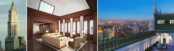 From left: The Woolworth Building and renderings of the 29th floor units in the building (Credit: Williams New York)