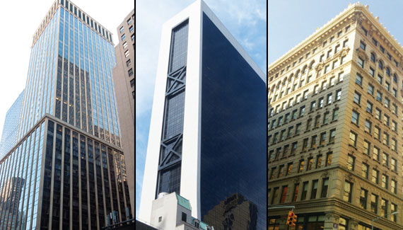 Left: The William Kaufman Organization made five full floors at 437 Madison Avenue available at above Midtown’s average asking price last month. Middle: Private equity fund Veritas Capital Fund Management inked one of the most expensive recent deals for about 15,000 square feet at Sheldon Solow’s 9 West 57th Street. Right: Digital marketing firm Amobee signed a 3.5-year lease for 12,250 square feet at 162 Fifth Avenue.