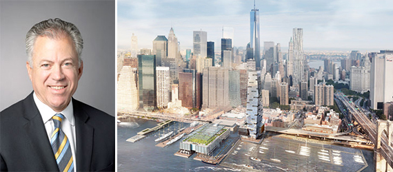 Howard Hughes Corporation's Chris Curry and a rendering of plans for South Street Seaport