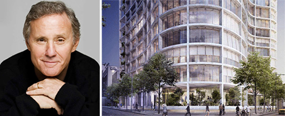 Ian Schrager and a rendering of 357 West Street in the West Village (credit: Herzog &amp; de Meuron)