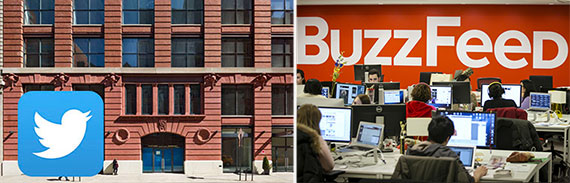 From left: Twitter's new headquarters at 245-249 West 17th Street and a Buzzfeed office
