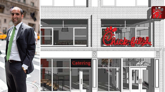Jack Terzi and a rendering of Chick-Fil-A at 1000 Sixth Avenue in Midtown