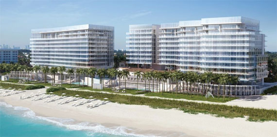 Meier’s rendering for Miami Beach’s Surf Club, which will feature a hotel flanked by residential towers.