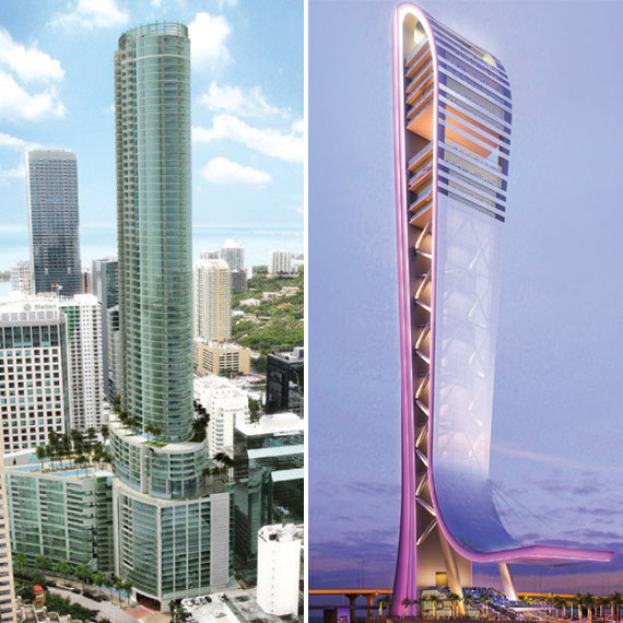 From left: Tibor Hollo’s Panorama Tower in Brickell and SkyRise Miami