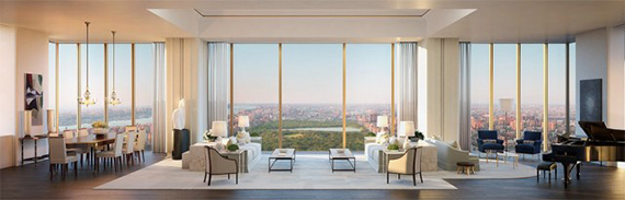 A rendering of a living room at 111 West 57th Street