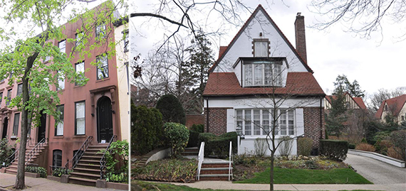 From left: Houses at 12 Garden Place in Brooklyn Heights that sold for $5.7 million and 62 Rockrose Place in Forest Hills that sold for $1.6 million