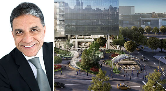 Joseph Moinian and a rendering of 3 Hudson Boulevard (credit: FXFOWLE)