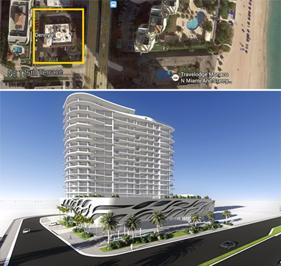 Denny's site in Sunny Isles and a rendering of the planned development