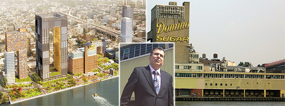 From left: Rendering of Domino Sugar site and the former factory (inset: Isaac Katan)
