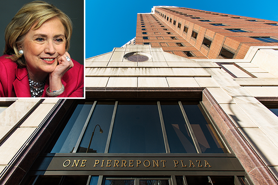 1 Pierrepont Plaza in Brooklyn Heights (inset: Hillary Clinton)