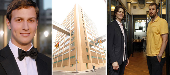 From left: Jared Kushner, 77 Sands Street and WeWork's Adam Neumann and Miguel McKelvey