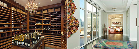 From left: A 3,500-bottle wine room and a living room at One Brooklyn Bridge Park