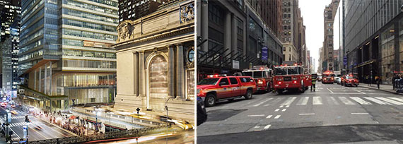 From left: A rendering of One Vanderbilt and emergency responders on Tuesday morning (Credit: Peter Moreno/Twitter)