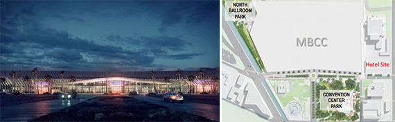Rendering of the Miami Beach Convention Center and a map of the project