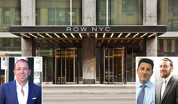 From left: The Row NYC Hotel at 700 Eighth Avenue (inset: Joseph Sitt, David Schechtman and Lipa Lieberman)