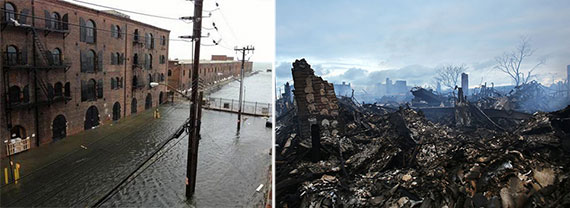 The aftermath of Hurricane Sandy in 2012 in Lower Manhattan (left) and the Rockaways (right)