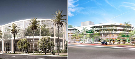 New rendering of the Whole Foods on Alton Road, left, and a rendering of the rejected plans, right (Credit: The Next Miami)