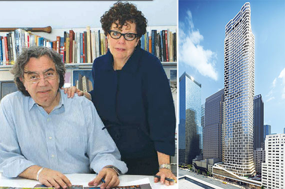 From left: John Cetra and Nancy Ruddy and a rendering of 242 West 53rd Street
