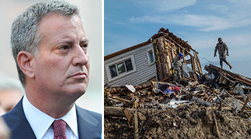 Mayor Bill de Blasio and a destroyed Rockaway home