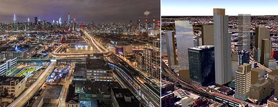 The view from the top of 42-12 28th Street (credit: @SamYee) and a rendering of the building. (credit: CityRealty)