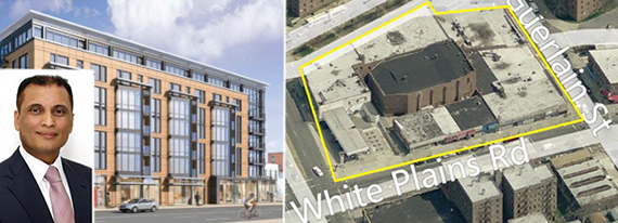 From left: Proposed rendering of site in Parkchester, Bronx, and current aerial view (inset: Amit Doshi)