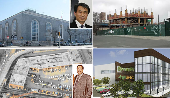 Clockwise from left: The Bronx General Post Office, Young Woo, construction at 500 Exterior Street (photo via NY YIMBY), a rendering of FreshDirect's new office at the Harlem River Yard, Joseph Chetrit And 101 Lincoln Avenue