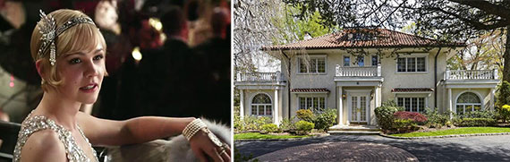 From left: Carey Mulligan as Daisy in "The Great Gatsby" and F. Scott Fitzgerald's former Great Neck home
