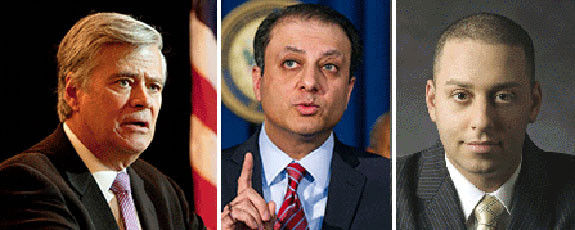 From left: Dean Skelos, U.S. Attorney for the Southern District of New York Preet Bharara and Adam Skelos