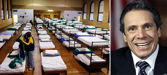From left: A homeless shelter in New York and Gov. Andrew Cuomo