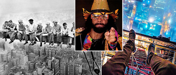 From left: Lunch atop a Skyscraper (1932), "Macho Man" Randy Savage, and an Instagram atop 432 Park Avenue (Credit: NOIS7)