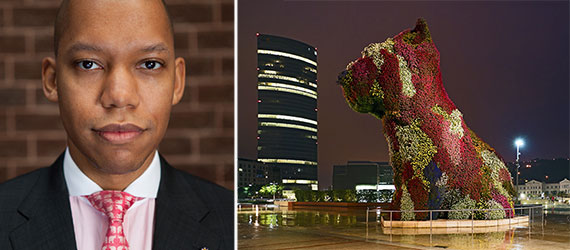 From left: Wealth-X's Mykolas Rambus and a Jeff Koons topiary