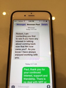 A text message allegedly sent Sunday morning by Elliman's Paul Brennan to Saunders agent Robert Tramondo (Courtesy of Andrew Saunders)