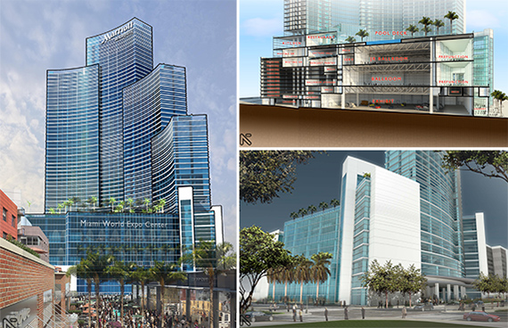 Renderings of the Marriott Marquis Miami Worldcenter Hotel & Expo Center