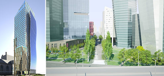 From left: A rendering of 400 West 61st Street (Credit: Goldstein Hill &amp; West) and a rendering of the project (Credit: Extell)