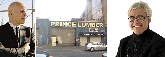 From left: Steve Roth, the Prince Lumber site at 61 Ninth Avenue and Rafael Vinoly