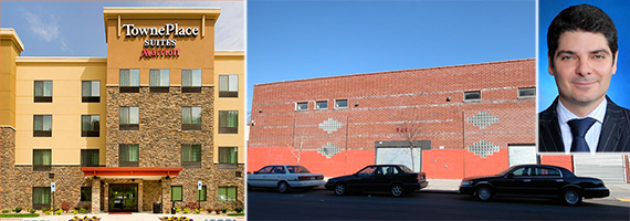 From left: Design concept rendering of TownePlace Suites in Gowanus and now-demolished building at 561-567 President Street (inset: Gabriel Saffioti)
