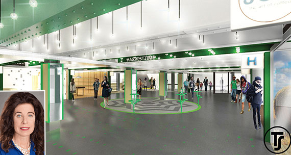 Rendering of Turnstile retail corridor in Columbus Circle subway station (inset: Susan Fine)