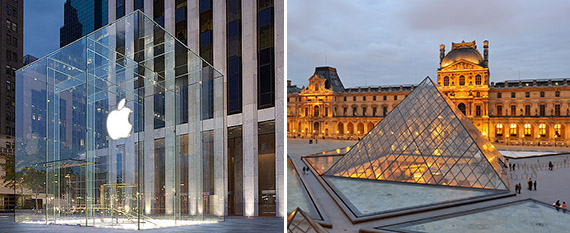 Apple store at 767 Fifth Avenue in Midtown and the Louvre in Paris