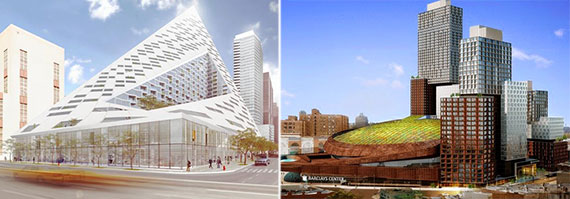 From left: renderings of the Durst Organization's Tetrahedron On West 57th Street and Pacific Park in Brooklyn