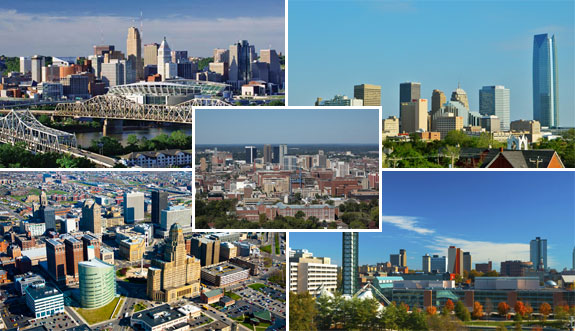 Clockwise from left: Cincinnati, Oklahoma City, Buffalo, Knoxville and Birmingham (inset)