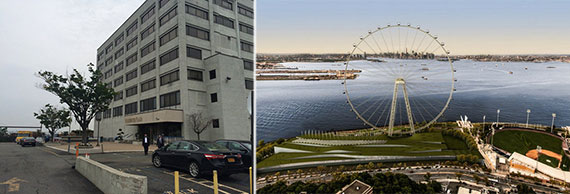 From left: One Edgewater Plaza in Staten Island and a rendering of the Staten Island Ferris Wheel