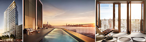From left: 551 West 21st Street, the rooftop pool at 551 West 21st Street and a rendering of 221 West 77th Street