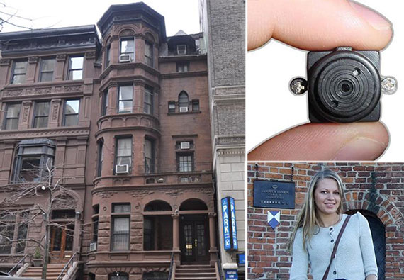Clockwise: 7 West 82nd Street on the Upper West Side, a spy camera and Aksana Kuzmitskaya