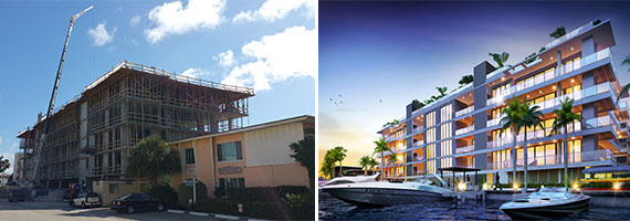 A shot of AquaLuna as it stands today (left) and a rendering of what the project will look like when completed (right).