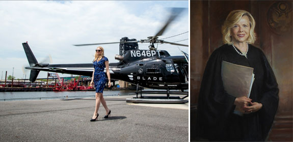 A helicopter arriving in the Hamptons and judge Joanna Seybert